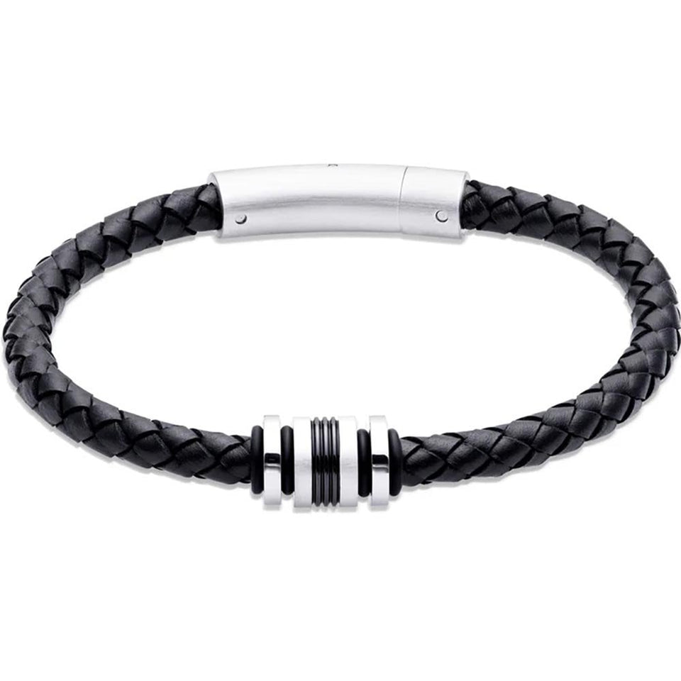 Unique & Co Men's Black Leather Steel Detailed Charm Bracelet