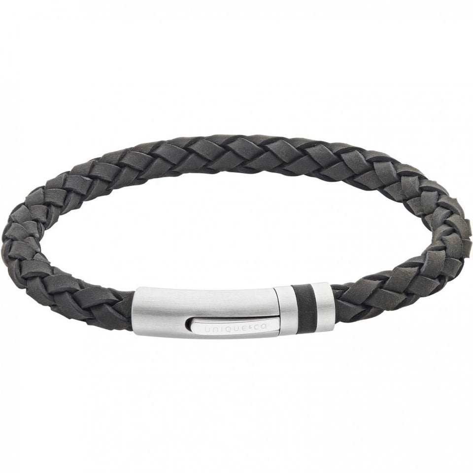 Unique & Co Men's Black Lined Clasp Leather Braided Bracelet