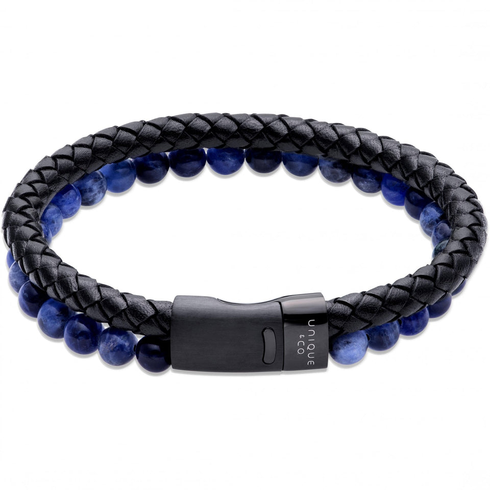 Unique & Co Men's Blue Beaded Layered Leather Bracelet