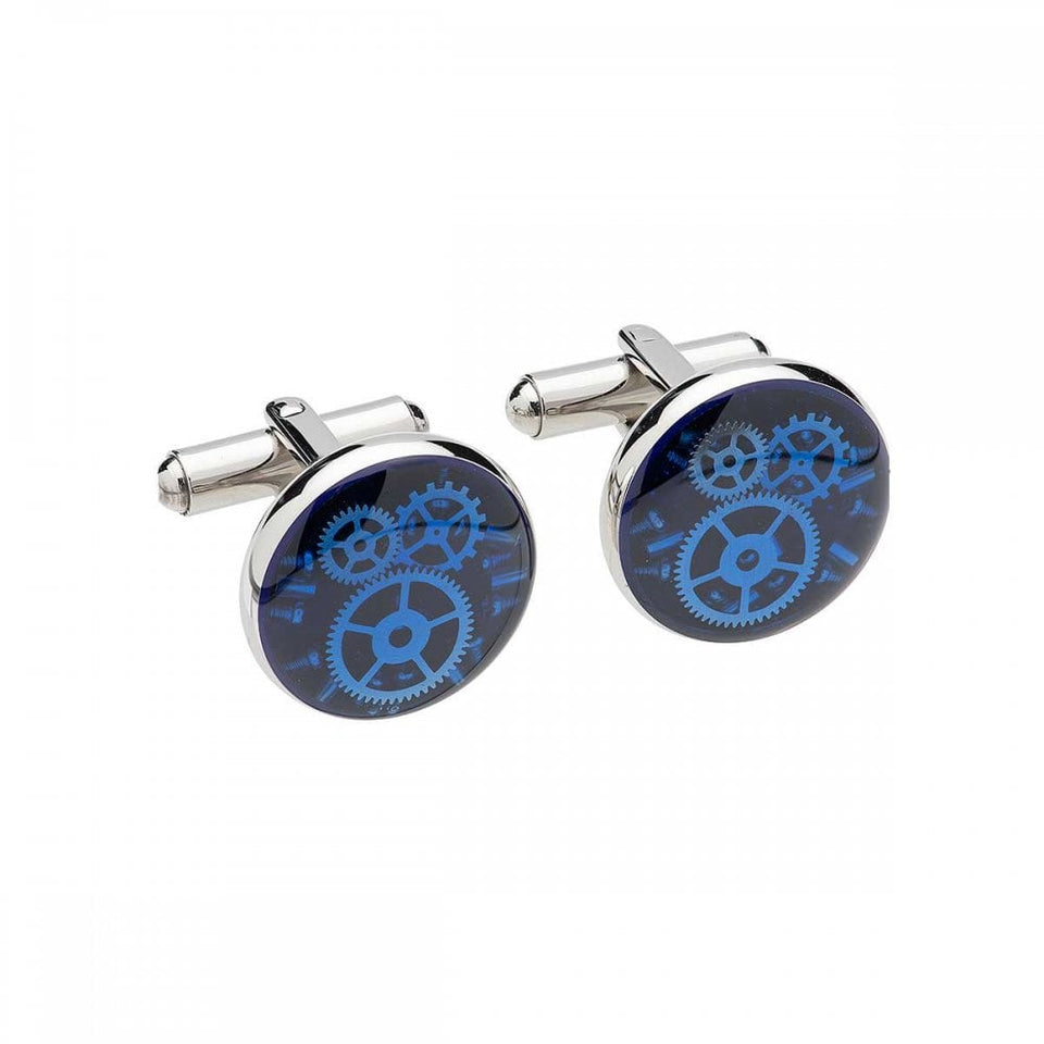 Unique & Co Men's Blue Enamel Screw & Gear Stainless Steel Cufflinks