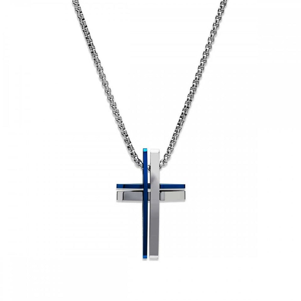 Unique & Co Men's Blue IP Plated Cross Chain Necklace