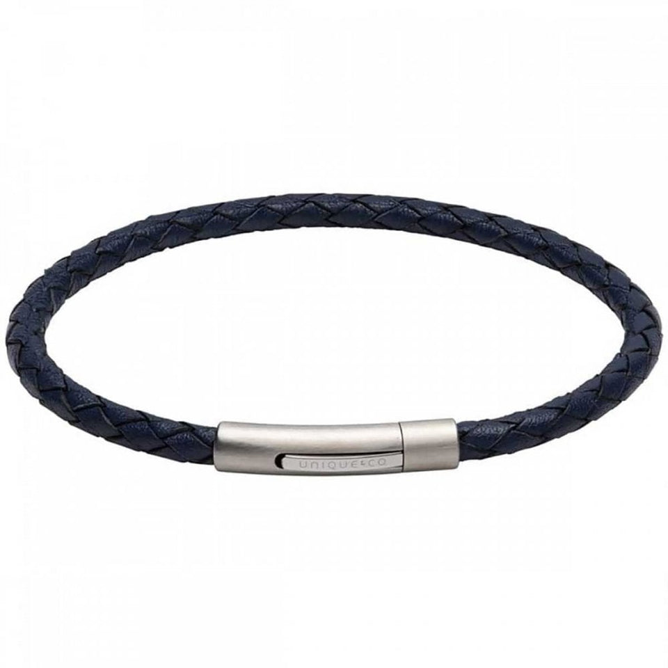 Unique & Co Men's Blue Leather Matte Polished Clasp Bracelet