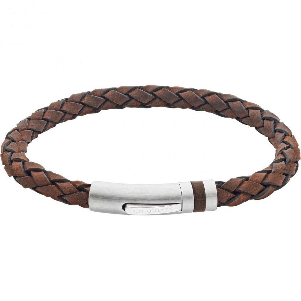 Unique & Co Men's Braided Brown Leather Lined Clasp Bracelet
