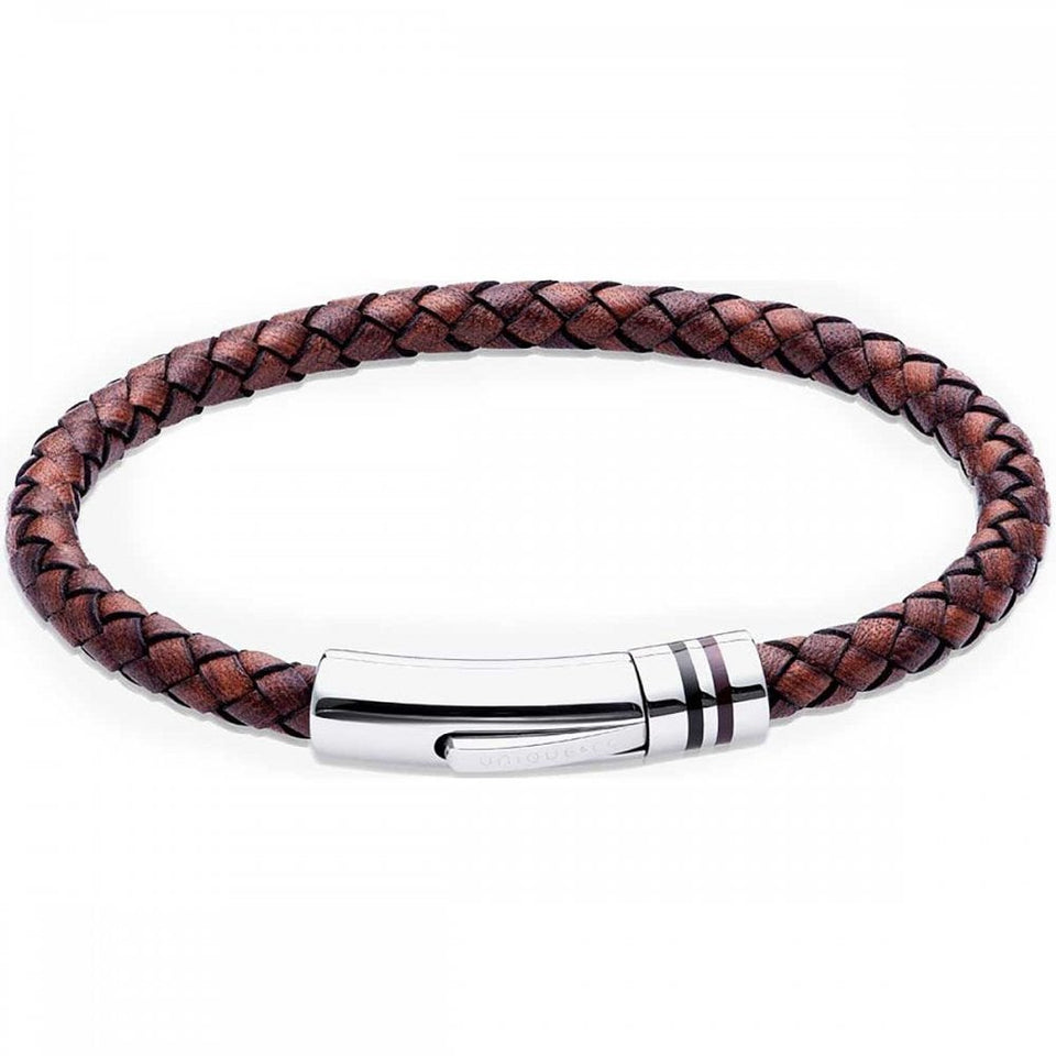 Unique & Co Men's Brown Braided Leather Stainless Steel Clasp Bracelet