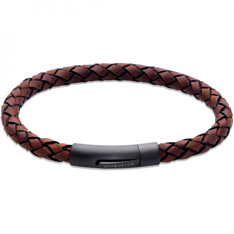 Unique & Co Men's Brown Leather Black Clasp Bracelet