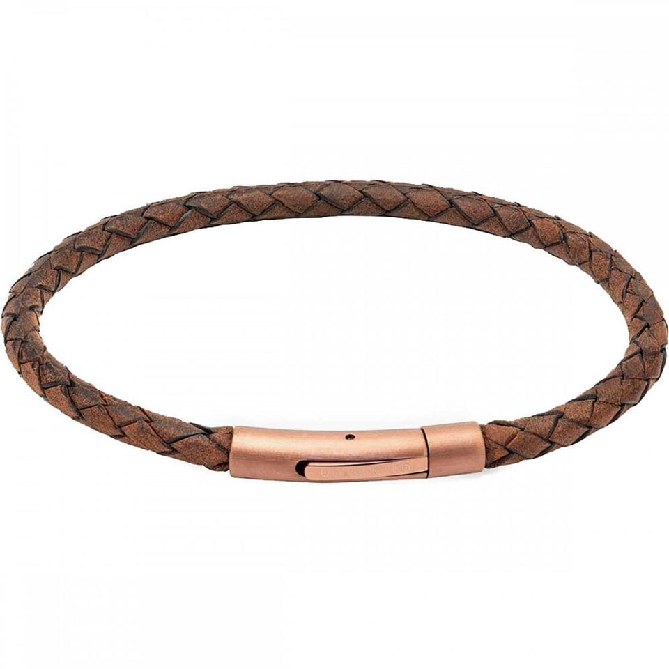 Unique & Co Men's Brown Leather Bronze Steel Clasp Bracelet