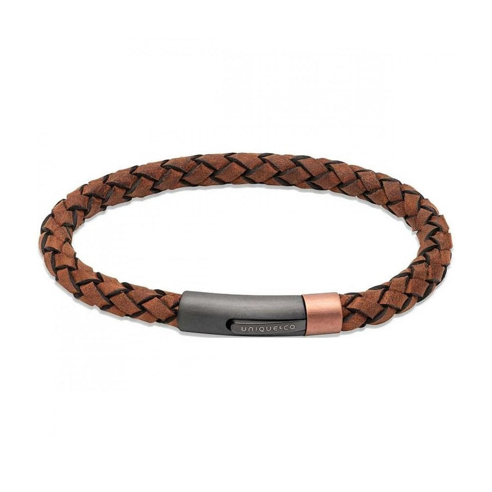 Unique & Co Men's Brown Leather Two Tone Gunmetal Plated Clasp Bracelet