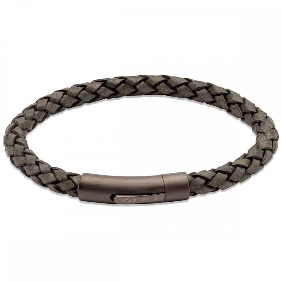 Unique & Co Men's Brushed Clasp Dark Green Leather Braided Bracelet