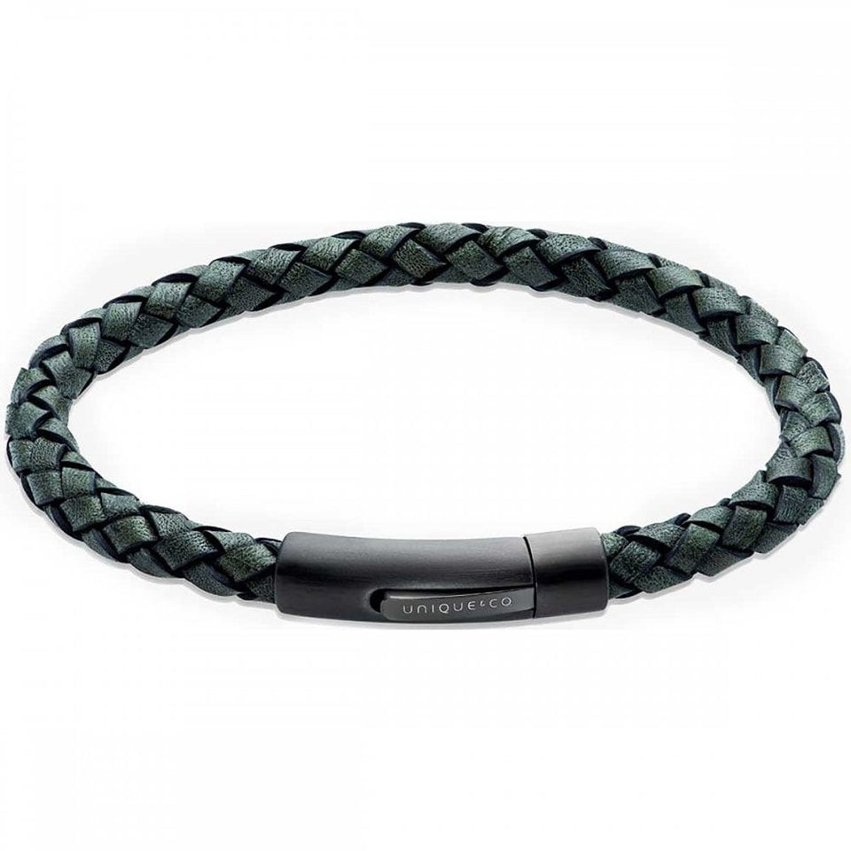 Unique & Co Men's Dark Green Leather Matte Black Clasp Bracelet