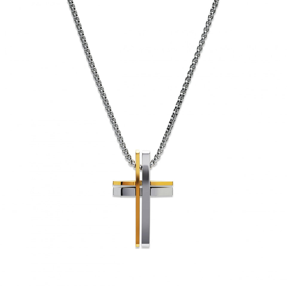 Unique & Co Men's Gold IP Plated Double Cross Chain Necklace