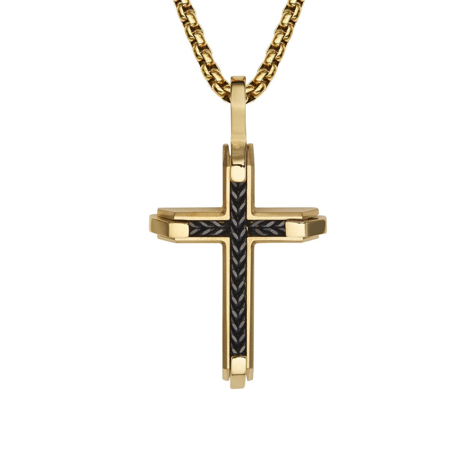 Unique & Co Men's Gold Toned Black IP Inlay Cross Necklace