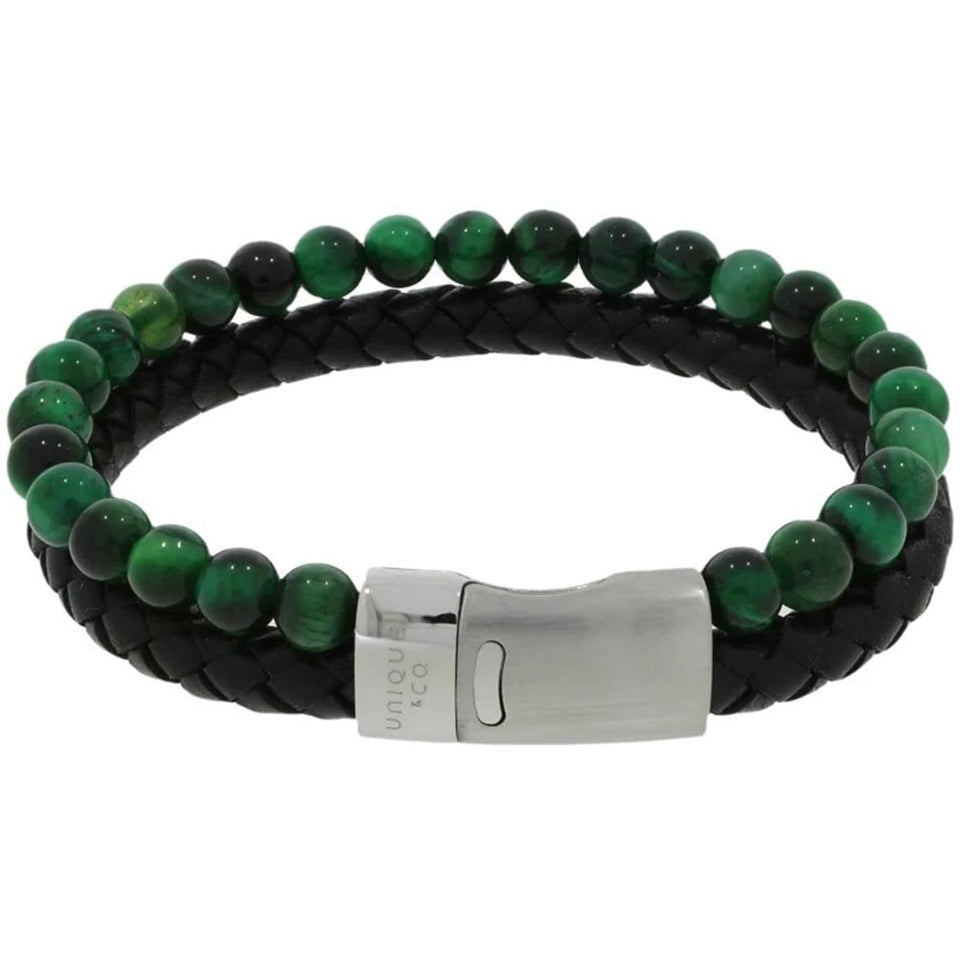 Unique & Co Men's Green Multi Beaded and Leather Bracelet