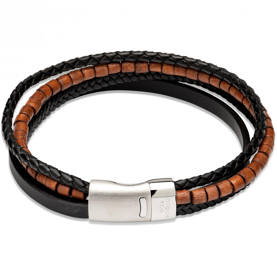 Unique & Co Men's Multi Layered Black & Brown Leather Bracelet