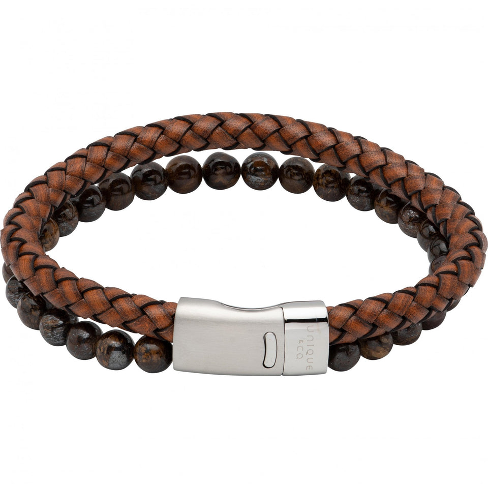 Unique & Co Men's Multi Layered Leather & Tigers Eye Bracelet