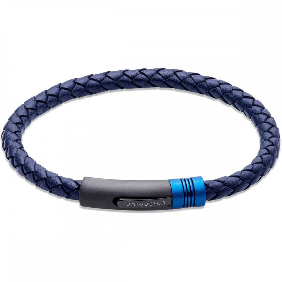 Unique & Co Men's Navy Leather Black IP Plated Bracelet