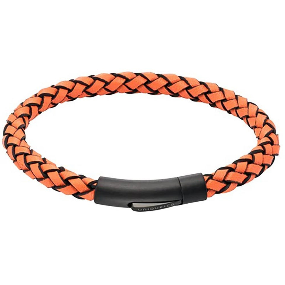Unique & Co Men's Orange Braided Black Clasp Leather Bracelet