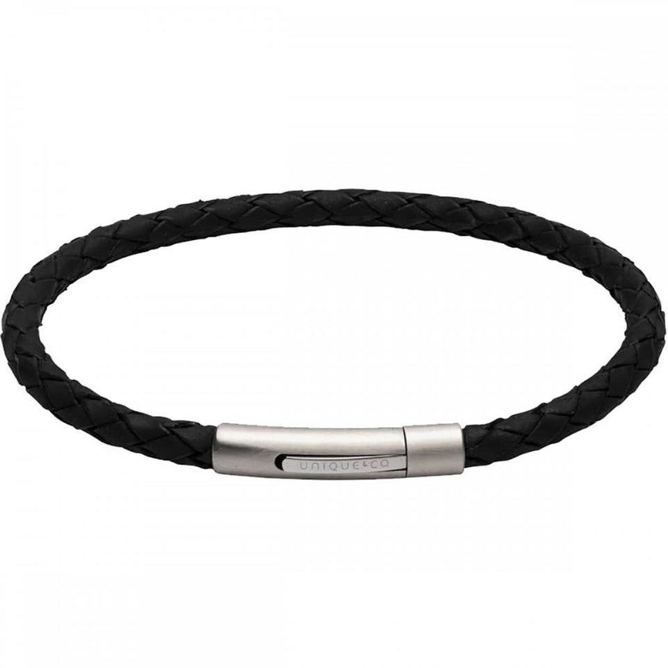 Unique & Co Men's Polished Steel Pusher Clasp Black Leather Bracelet
