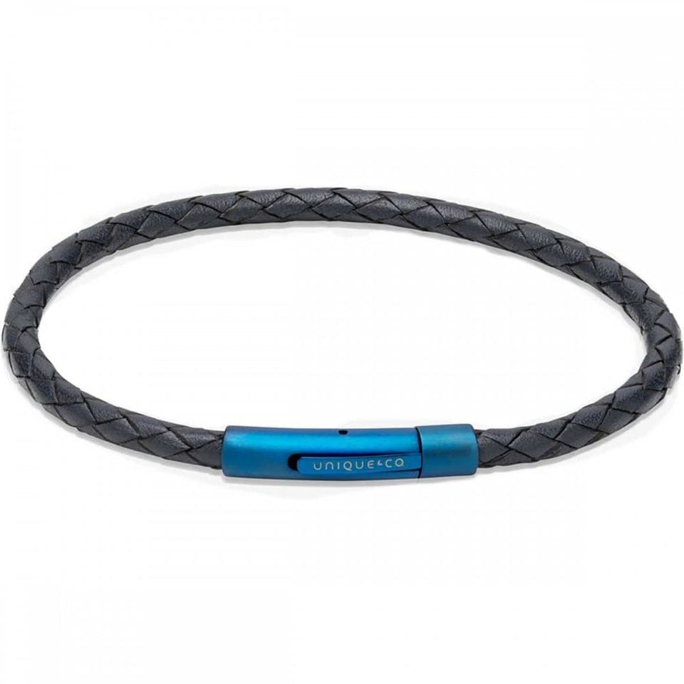 Unique & Co Men's Stainless Steel Blue Clasp Navy Leather Bracelet