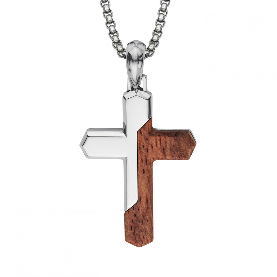 Unique & Co Men's Stainless Steel Wooden Cross Necklace