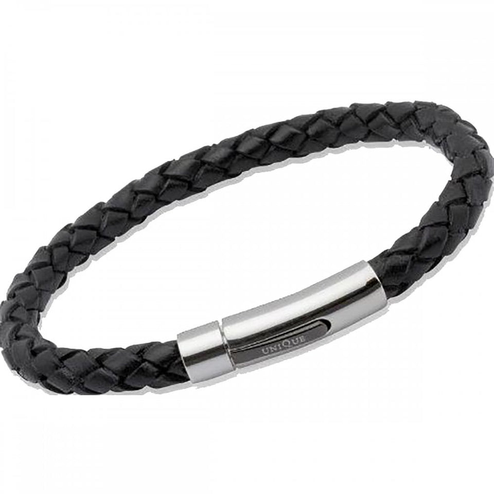 Unique & Co Stainless Steel Black Detailed Clasp Black Leather Bracelet