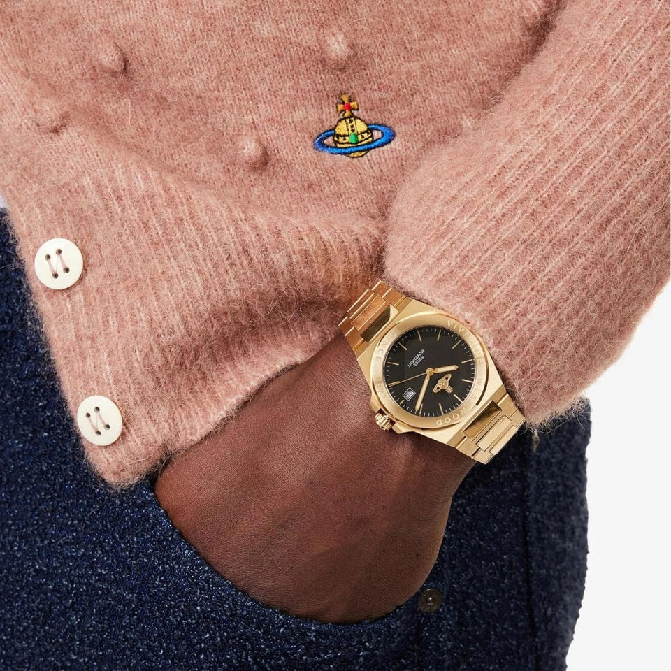 Vivienne Westwood Ladies Hanwell Black Dial Gold Toned Bracelet Watch