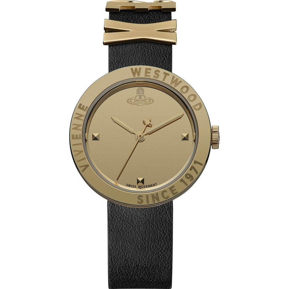 Vivienne Westwood Ladies The Rebel 30mm Gold Dial Black Strap Watch