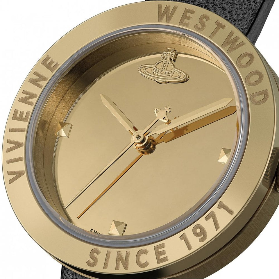 Vivienne Westwood Ladies The Rebel 30mm Gold Dial Black Strap Watch