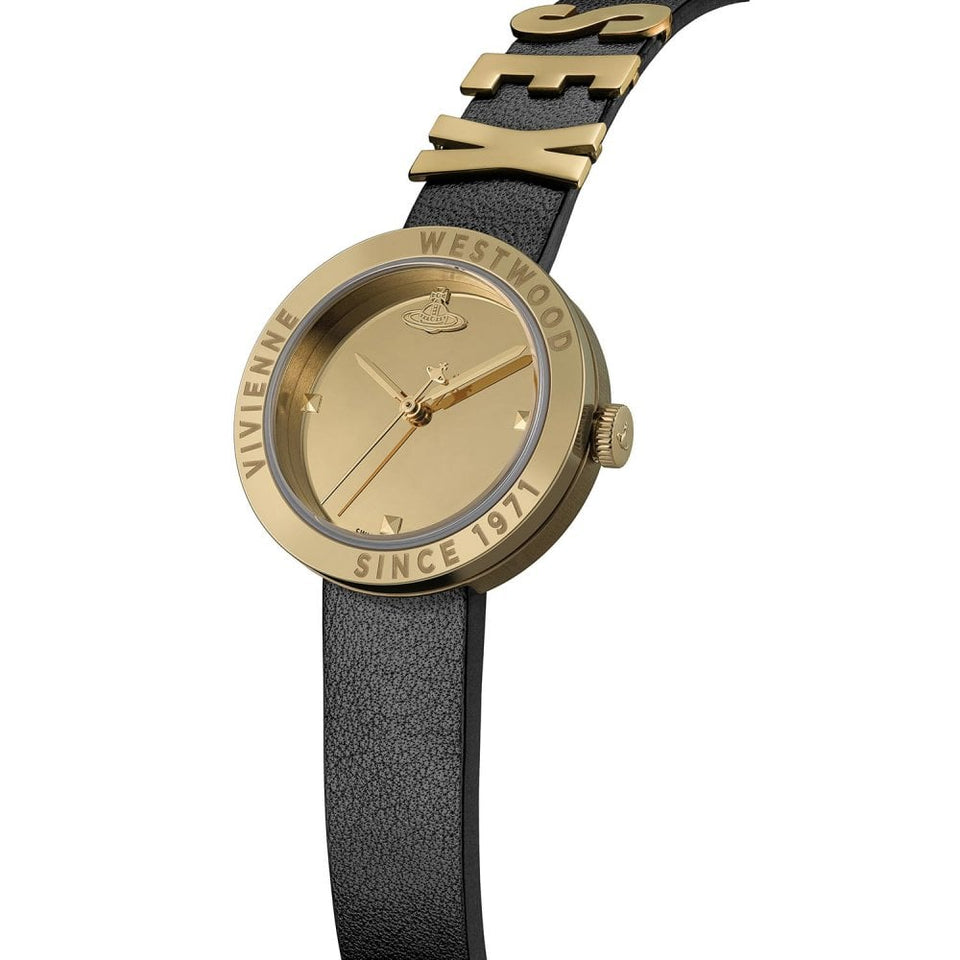 Vivienne Westwood Ladies The Rebel 30mm Gold Dial Black Strap Watch