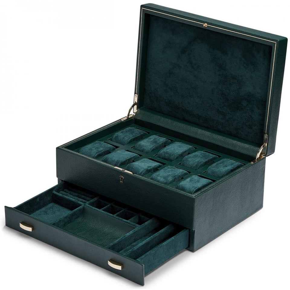 WOLF British Racing 10 Piece Watch Box With Storage - Green