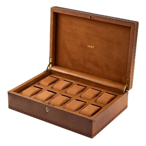 WOLF Brogue Burnished Brown 10 Piece Watch Box