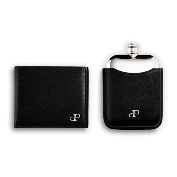 WOLF Philipp Black Vegan Leather Billfold & Hip Flask Gift Set