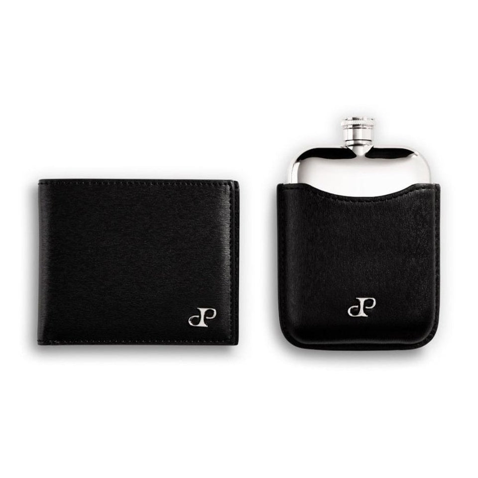 WOLF Philipp Black Vegan Leather Billfold & Hip Flask Gift Set