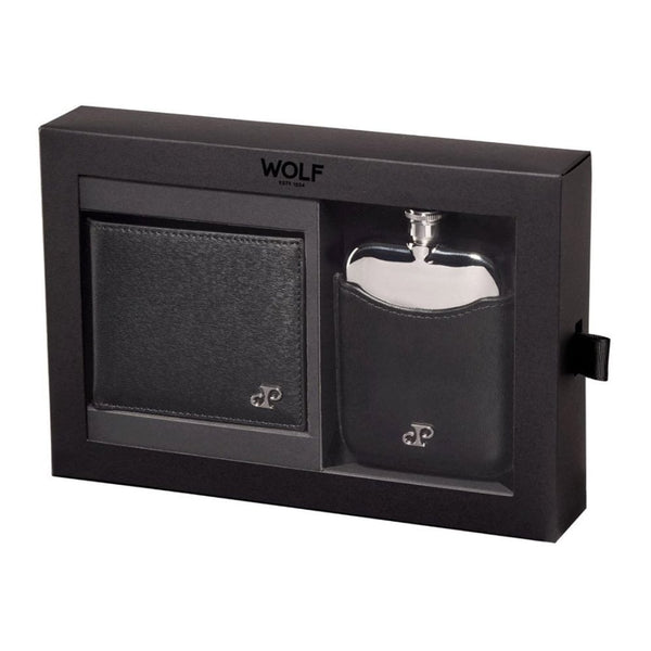 WOLF Philipp Black Vegan Leather Billfold & Hip Flask Gift Set