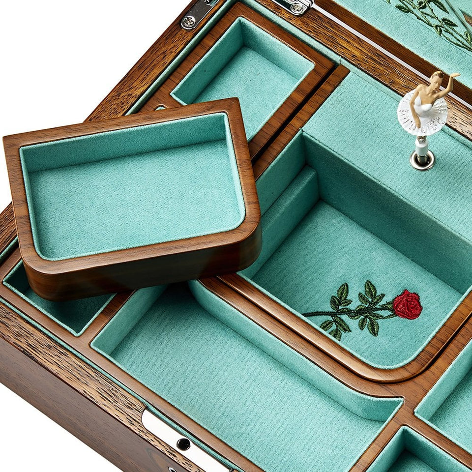 WOLF Sleeping Beauty Walnut Wood Ballet Musical Jewellery Box