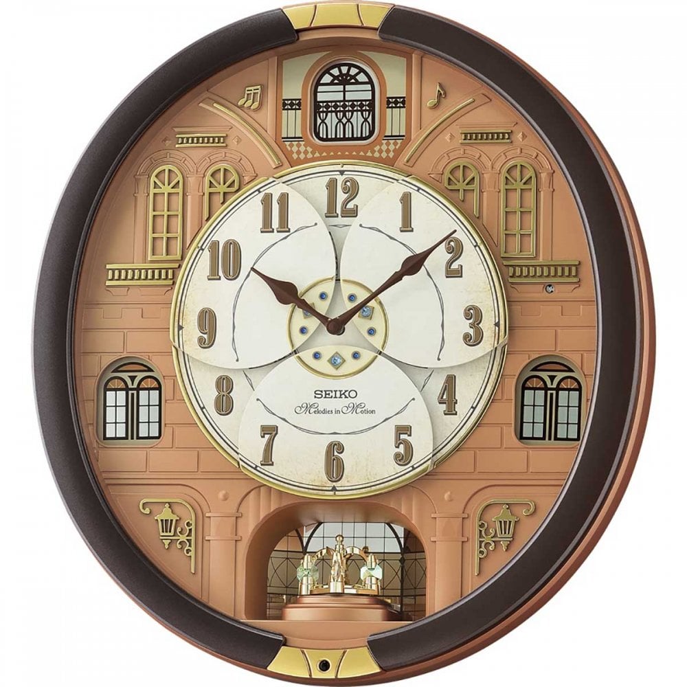 Seiko Melodies In Motion Pipes & Chimes Musical Clock – 36 Melodies, Rotating Gears, Mahogany Brown, Battery Powered